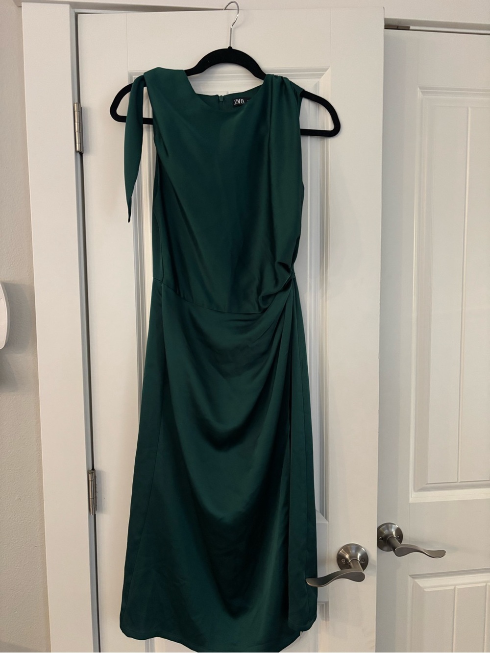 Zara One-Shoulder Emerald Green Draped Midi Dress